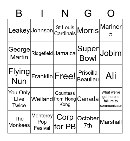 1967 TRIVIA Bingo Card