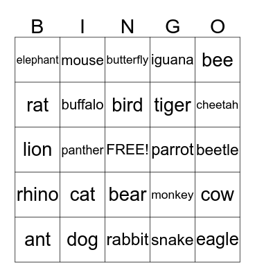 Animals Bingo Card