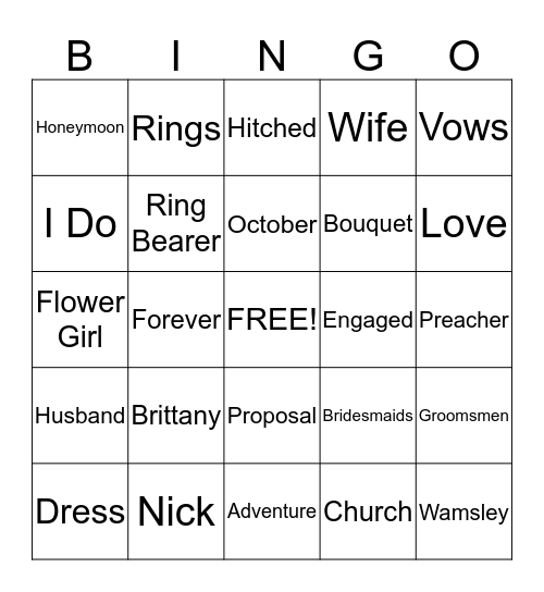 Brittany's Bridal Shower Bingo Card