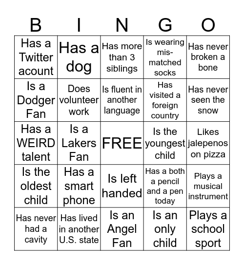 Getting To Know You Bingo Card