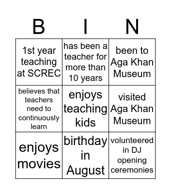 Santa Clara Teachers Bingo Card