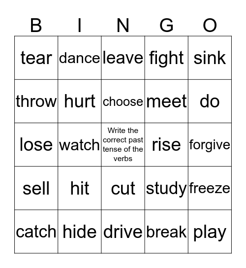 Regular and Irregular Verbs Bingo Card