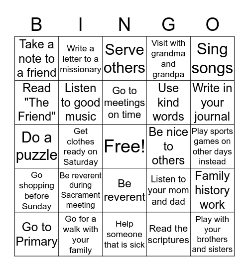 Sabbath Day Bingo! Bingo Card
