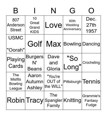 Luga Jean & Wally's 60th Anniversary Party Bingo Card