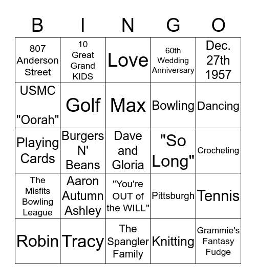 Luga Jean & Wally's 60th Anniversary Party Bingo Card