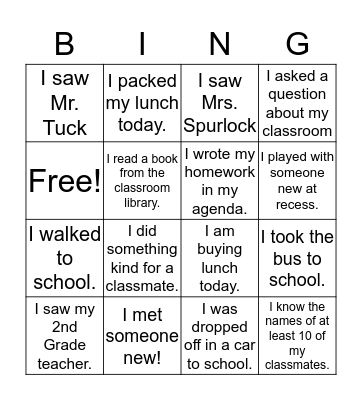 First Day of School Bingo Card