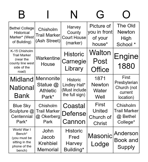 Newton/Harvey County Selfie Bingo Card