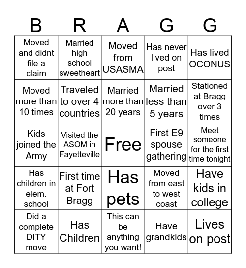 Ft Bragg TNT Bingo Card