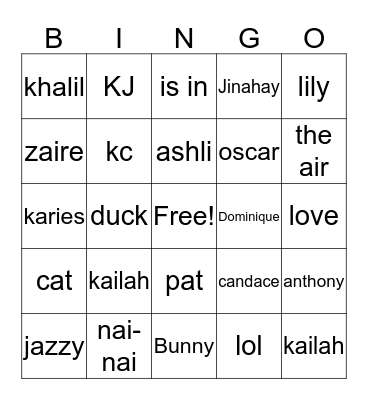 famliy bingo Card