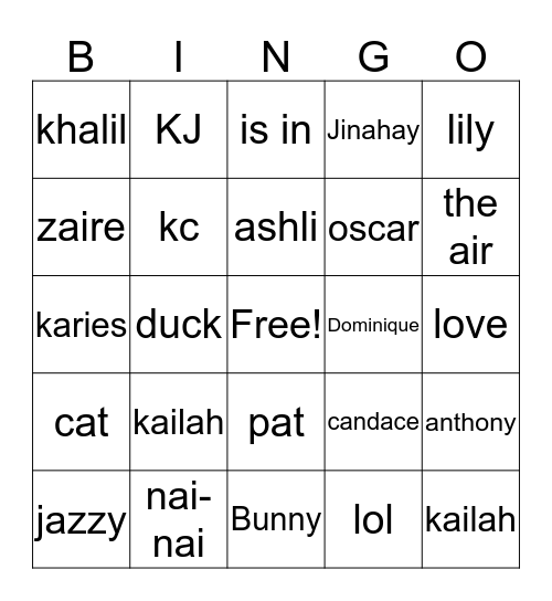 famliy bingo Card