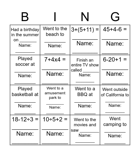 Summer 2017 Bingo Card