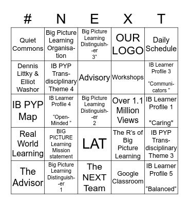 NEXT SCHOOL Bingo Card