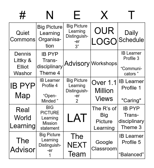 NEXT SCHOOL Bingo Card