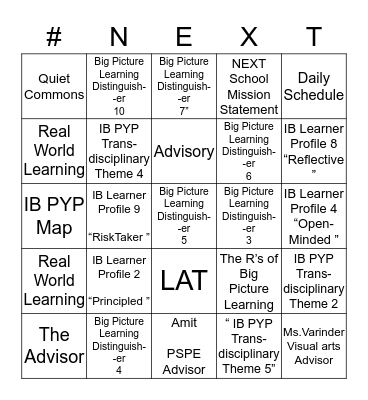 NEXT SCHOOL Bingo Card