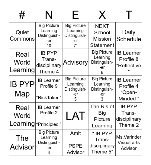 NEXT SCHOOL Bingo Card