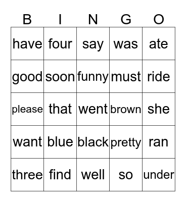 Cal's sight words Bingo Card