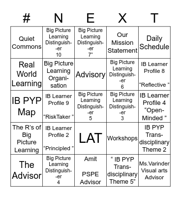 NEXT SCHOOL Bingo Card