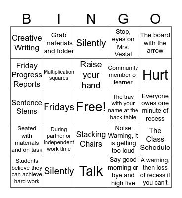 Mrs. Vestal's Class Procedures and Expectations Bingo Card