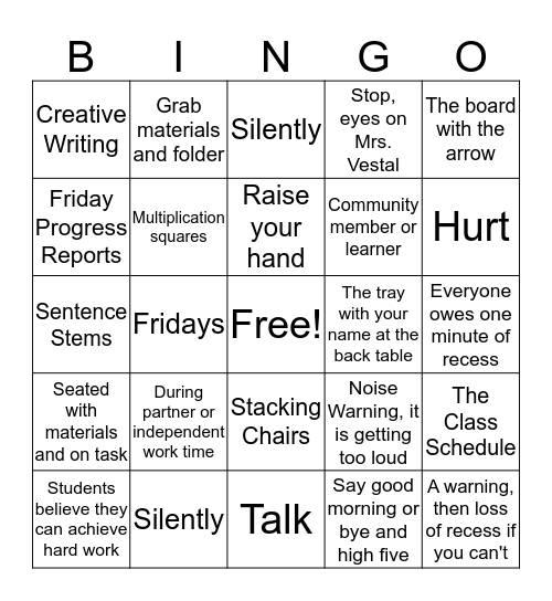 Mrs. Vestal's Class Procedures and Expectations Bingo Card