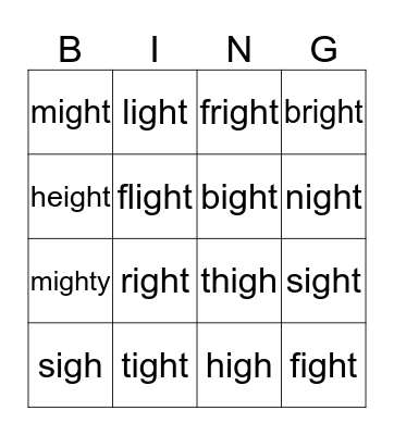 igh and ight words Bingo Card