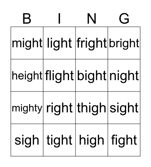 igh and ight words Bingo Card