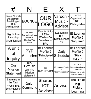 NEXT SCHOOL Bingo Card