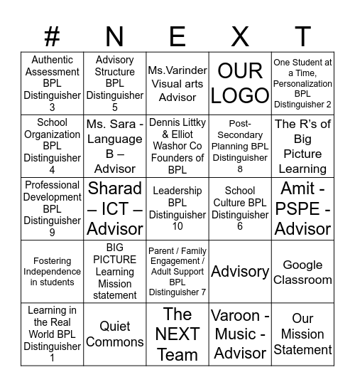 NEXT SCHOOL Bingo Card