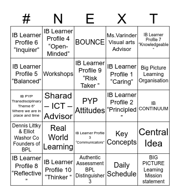 NEXT SCHOOL Bingo Card