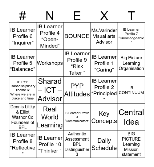 NEXT SCHOOL Bingo Card