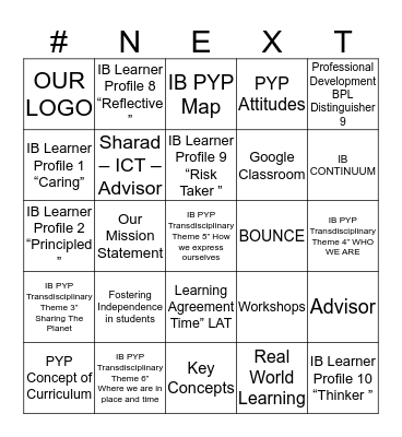 NEXT SCHOOL Bingo Card