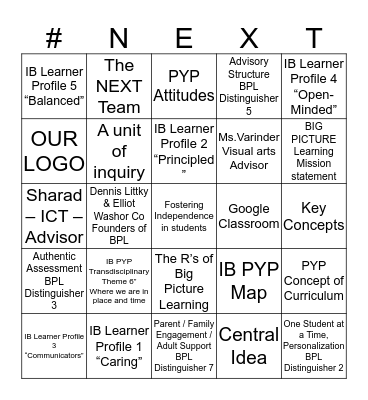 NEXT SCHOOL Bingo Card