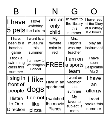 Mrs. Kim's Class Bingo Card