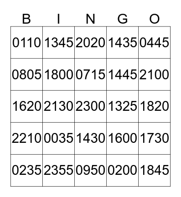 24 Hour Time Bingo Card