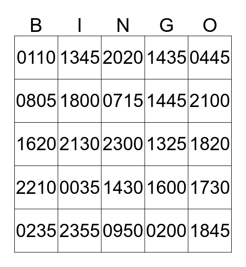 24 Hour Time Bingo Card