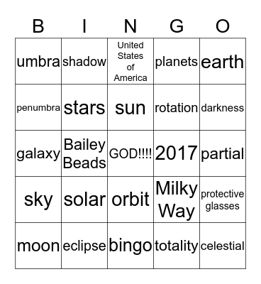 Solar Eclipse     2017 Bingo Card