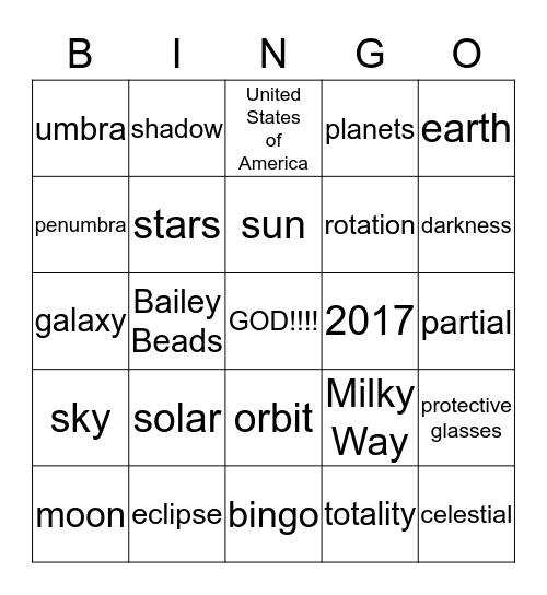 Solar Eclipse     2017 Bingo Card