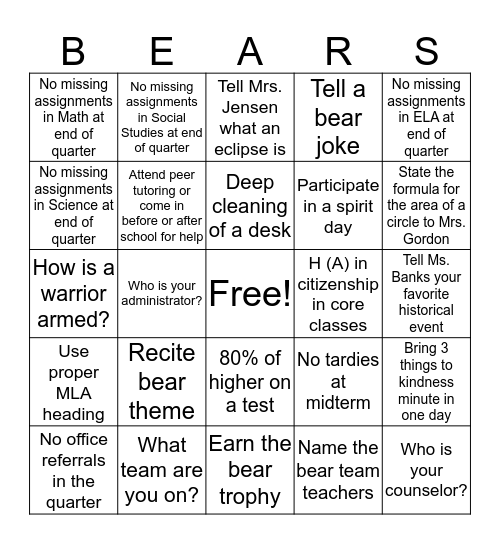 BEAR bingo Card