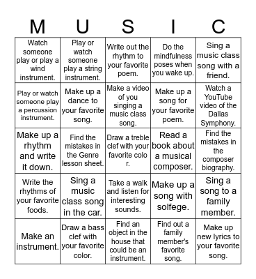 Music Activities Bingo Card