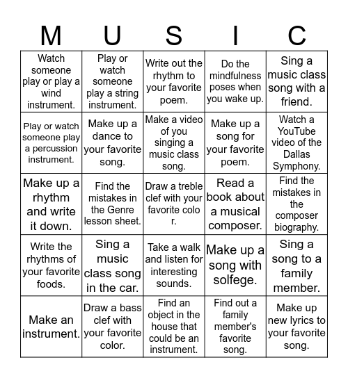 Music Activities Bingo Card