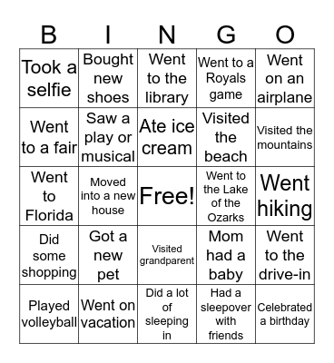 Summer Break Bingo Card