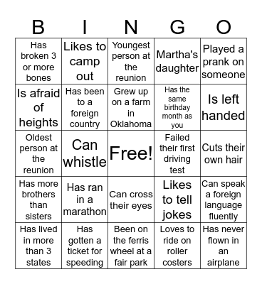 SULLIVAN REUNION 2017 Bingo Card