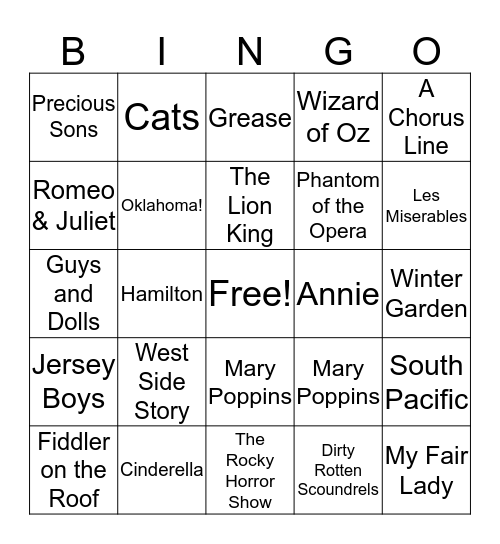 Broadway Bingo Card