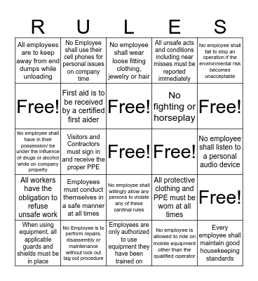 Rules and Regulations Bingo Card
