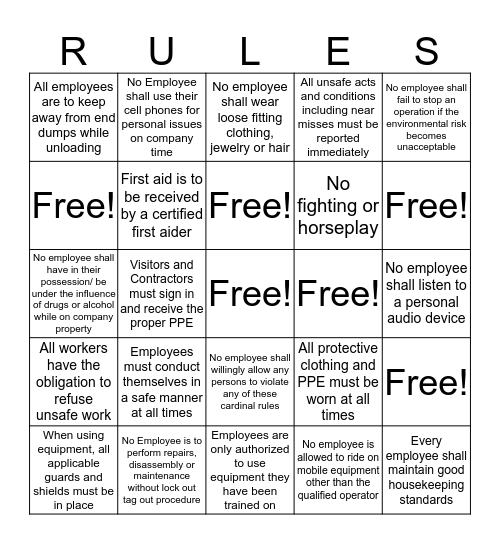 Rules and Regulations Bingo Card