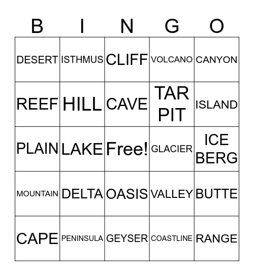 LAND AND WATER FEATURES Bingo Card