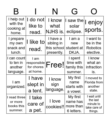 Getting to Know You Bingo Card