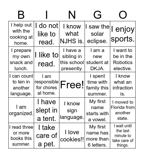 Getting to Know You Bingo Card