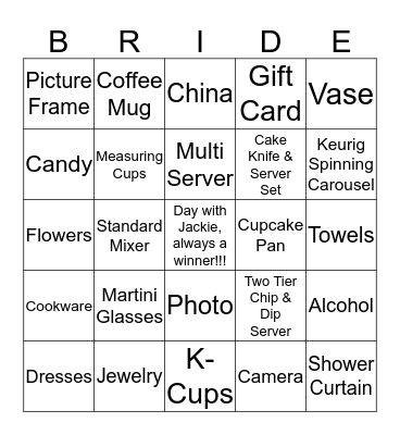 Jackie's Shower Bingo Card