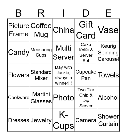 Jackie's Shower Bingo Card