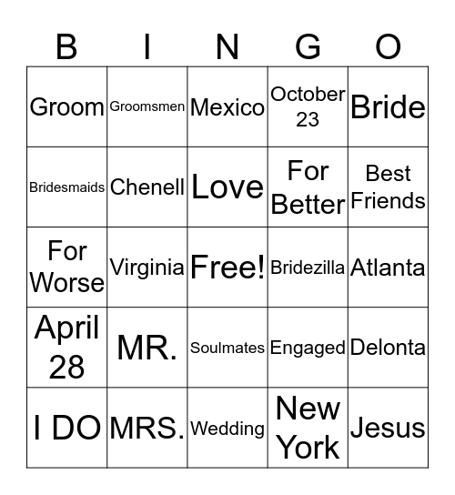 Wedding Bingo Card